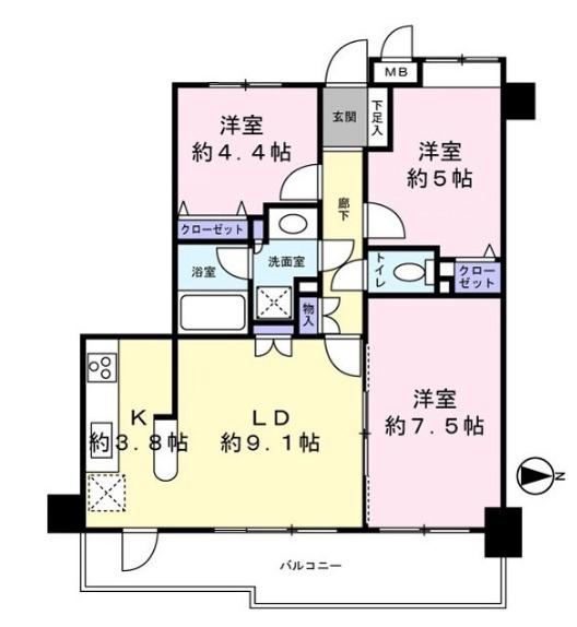 ボヌール八王子(3LDK/5階)の間取り写真