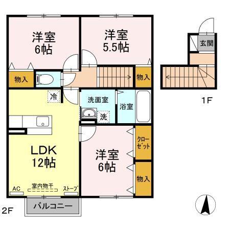 リビングタウン浜田C(3LDK/2階)の間取り写真