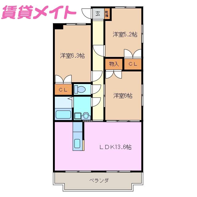 JR関西本線 井田川駅 徒歩40分 3階建 築23年(3LDK/1階)の間取り写真