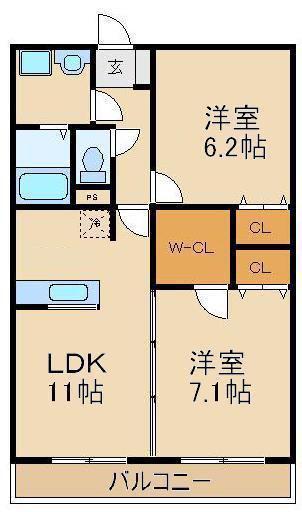 プリムヴェール新町(2LDK/2階)の間取り写真