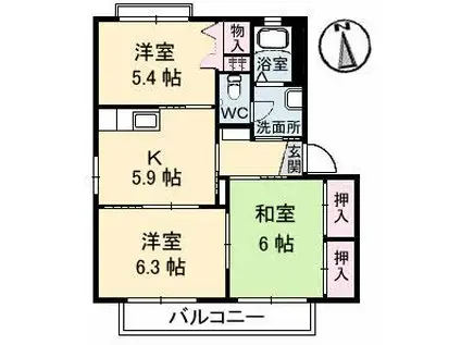 サン・バリュージュC棟(3K/1階)の間取り写真
