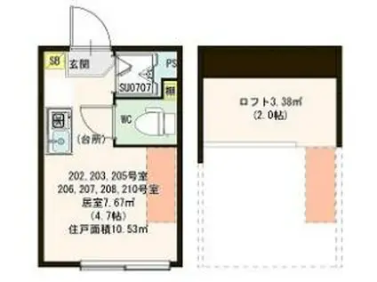 ハーモニーテラス豊島V(ワンルーム/2階)の間取り写真
