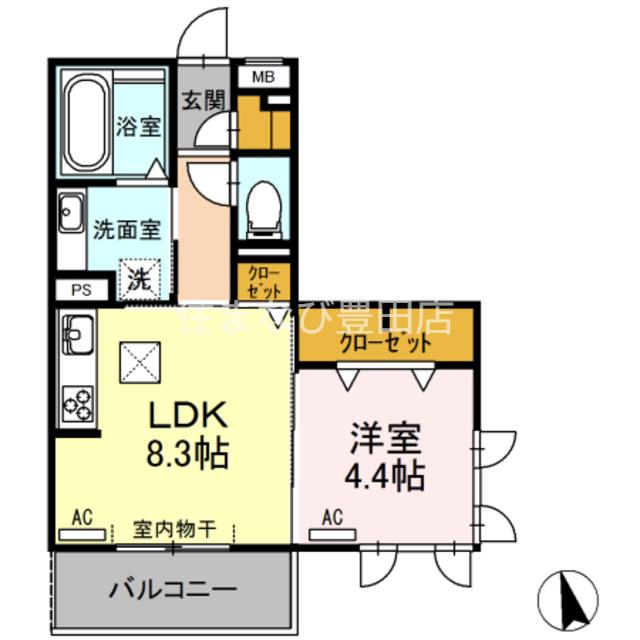 クリア トゥレス B棟(1LDK/2階)の間取り写真