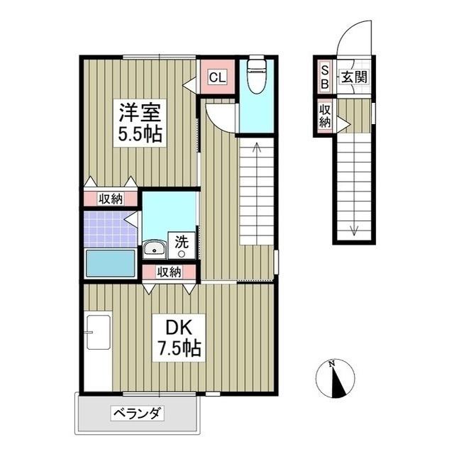 スクエア駅南B棟(1DK/2階)の間取り写真