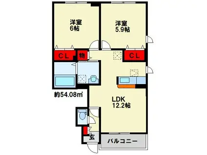 グリンデルハイム若園B(2LDK/1階)の間取り写真