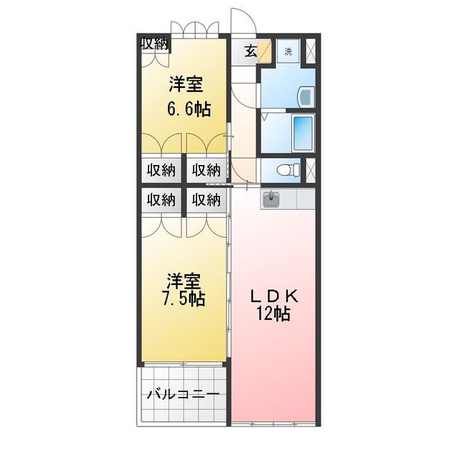 近鉄名古屋線 川原町駅 徒歩47分 3階建 築24年(2LDK/1階)の間取り写真