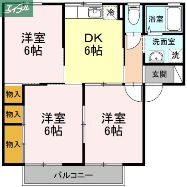 シャトル春水C棟(3DK/2階)の間取り写真
