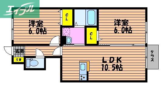 ラウレア福田 B棟(2LDK/1階)の間取り写真