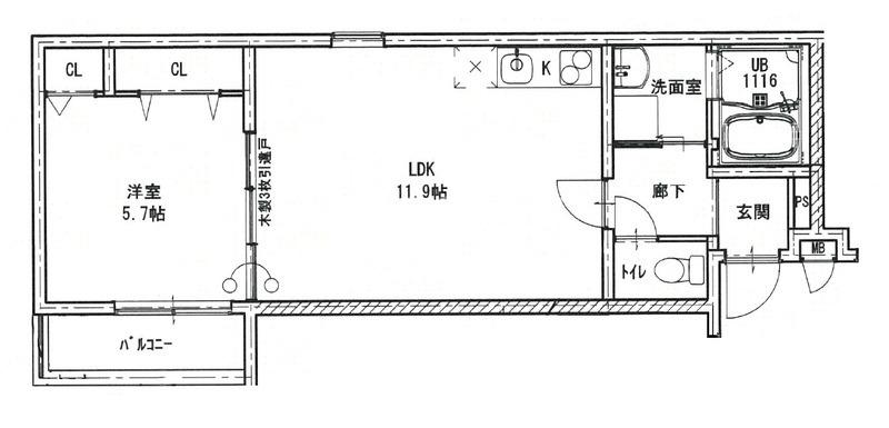 フジパレス旭城北(1LDK/1階)の間取り写真