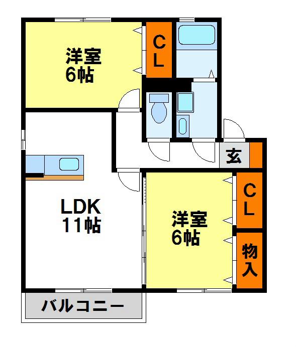 エテルノ ストラーダ塔原西C(2LDK/2階)の間取り写真