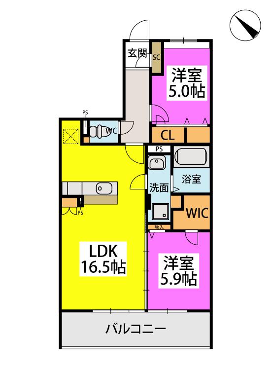 プレアL八幡馬場山I(2LDK/2階)の間取り写真