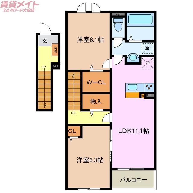 ヴェル ドミール A(2LDK/2階)の間取り写真