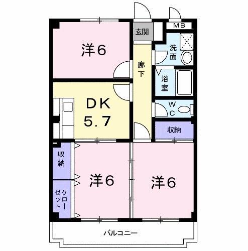 ドミール三ヶ森(3DK/2階)の間取り写真