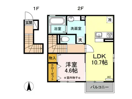 酒田市DROOM東泉町 B201 (1LDK/2階)の間取り写真
