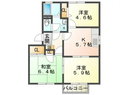 オーシャンビュー若松 B(3K/1階)の間取り写真