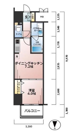 レオンコンフォート本町東II(1DK/11階)の間取り写真