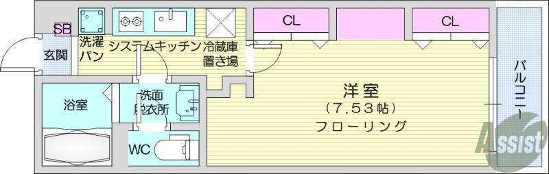 リュクス錦町(1K/4階)の間取り写真