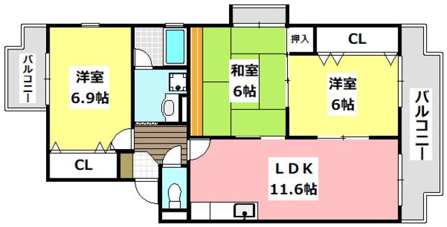 シャロームD(3LDK/3階)の間取り写真