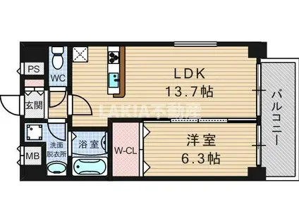プラシード新町(1LDK/3階)の間取り写真