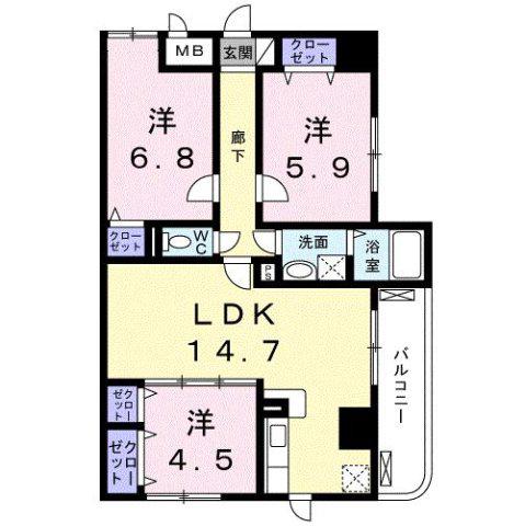 ディアコート木太(3LDK/8階)の間取り写真
