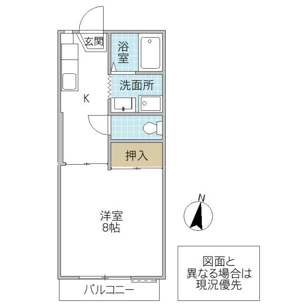 ヴィルヌーブ D棟(1K/2階)の間取り写真