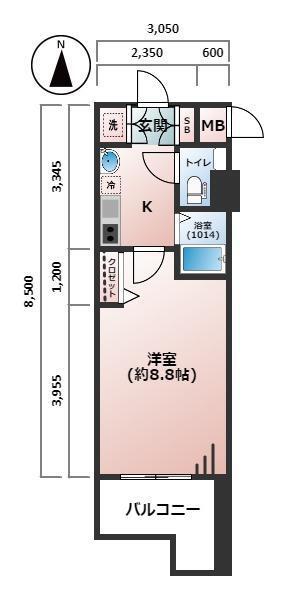 ディナスティ松屋町II(1K/3階)の間取り写真