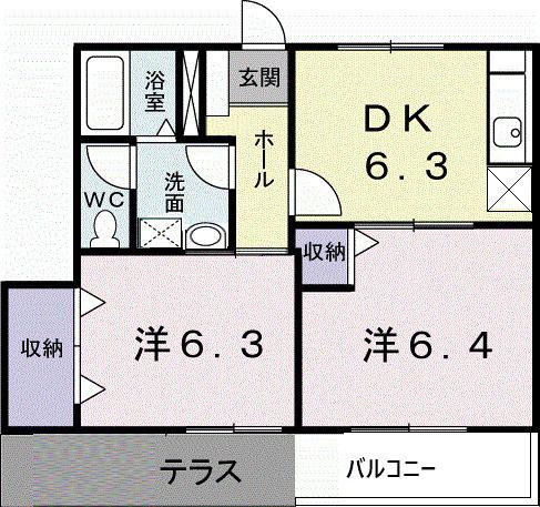 サイドヒル B(2DK/1階)の間取り写真