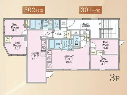 HJクラウンI(2LDK/3階)の間取り写真