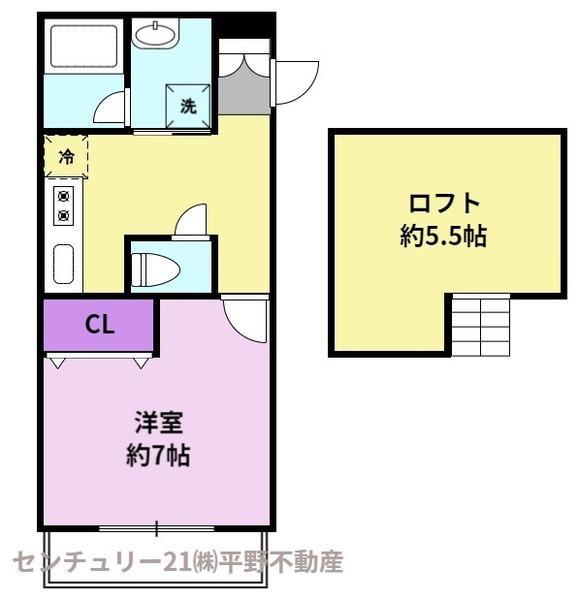 Aレガート久留米大学前B棟(1K/2階)の間取り写真