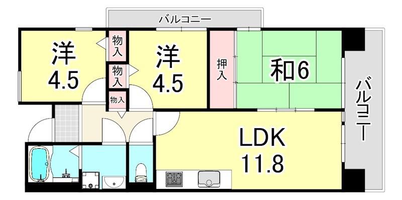 URルゼフィール潮江 1号棟(3LDK/12階)の間取り写真