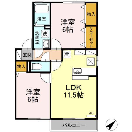 メルベーユコートB棟(2LDK/1階)の間取り写真