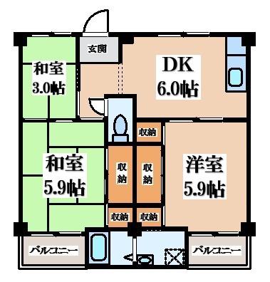 ビレッジハウス紀三井寺(3DK/5階)の間取り写真