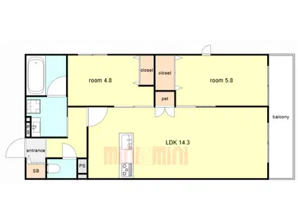 西宮市甲東園2丁目ヘーベルメゾン(2LDK/2階)の間取り写真
