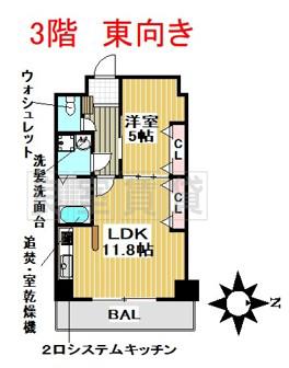 パンジー豆田(1LDK/3階)の間取り写真