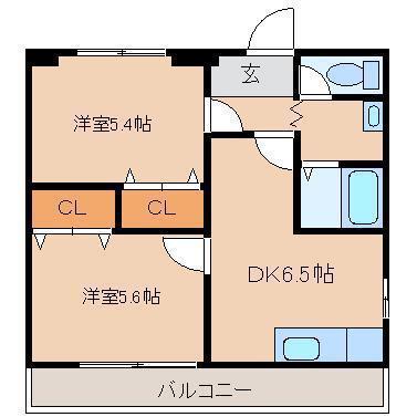 ハイグランディ知井宮 C(2DK/1階)の間取り写真