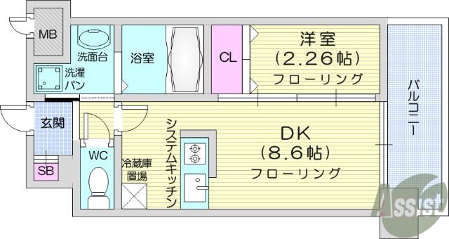 アルティザ仙台花京院(1DK/6階)の間取り写真
