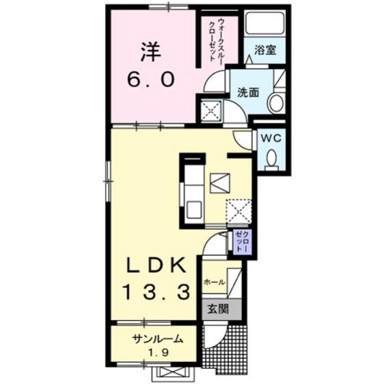 ソレイユ福岡 A(1LDK/1階)の間取り写真