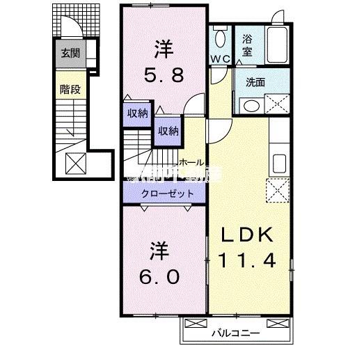 フィールドインビレッジA(2LDK/2階)の間取り写真