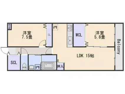 クレスト山本9丁目I(2LDK/1階)の間取り写真