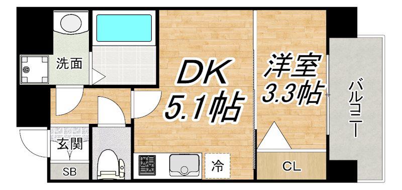 ソルテラス阿波座ウィズ(1DK/13階)の間取り写真