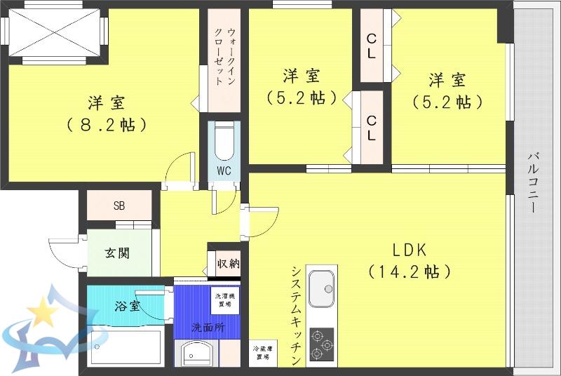YAMAHANA CITY.STELLA(3LDK/4階)の間取り写真
