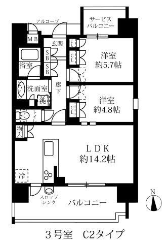 グランパセオ名駅那古野(2LDK/13階)の間取り写真