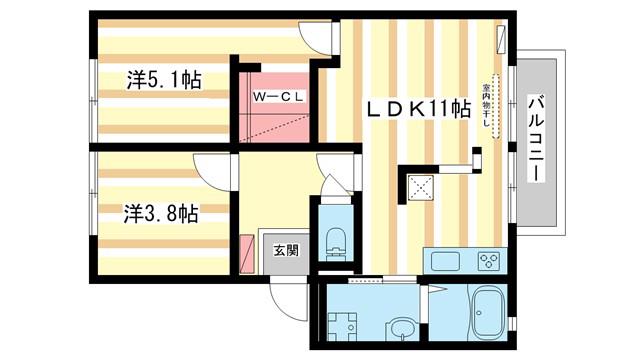 グランドゥールA棟(2LDK/2階)の間取り写真
