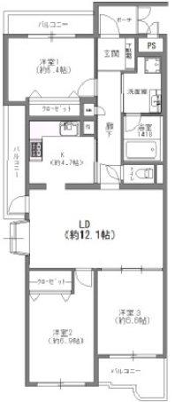 ロイヤル芦屋川(3LDK/1階)の間取り写真