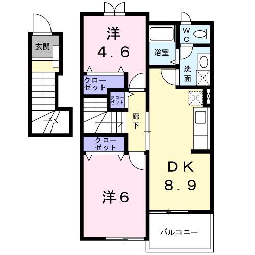 JR東北本線 黒磯駅 徒歩19分 2階建 築23年(2DK/2階)の間取り写真