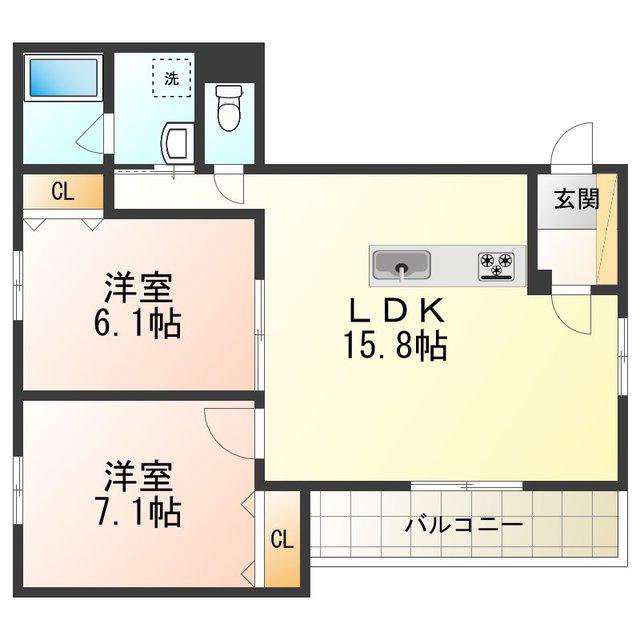 シャイロ205北野田(2LDK/2階)の間取り写真