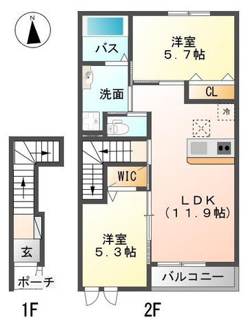 シャン ヴィラージュ(2LDK/2階)の間取り写真