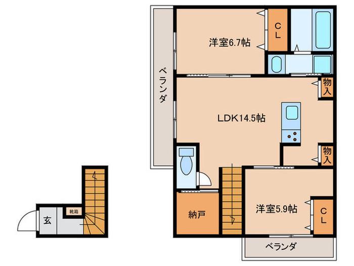 クインテット土生(2LDK/2階)の間取り写真