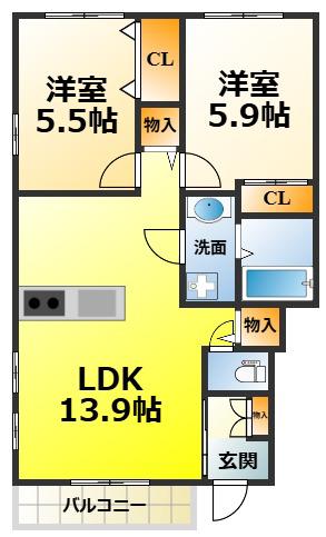 レスポワールE富木(2LDK/1階)の間取り写真