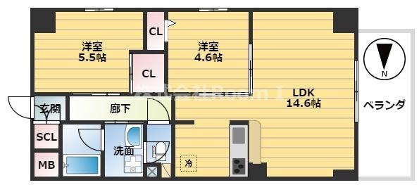 グランルージュ谷町六丁目(2LDK/6階)の間取り写真